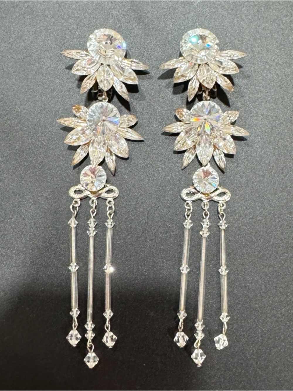 80s Wendy‎ Gell Clear Crystal Glass Wedding Dangle Earrings Silver Bridal 5.5in